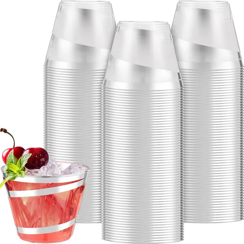 Miniatura 40 de Gejoy Tazas de plástico con borde en espiral de 9 onzas desechables, tazas de vino de plástico elegantes y transparentes, elegantes jarras de Oro