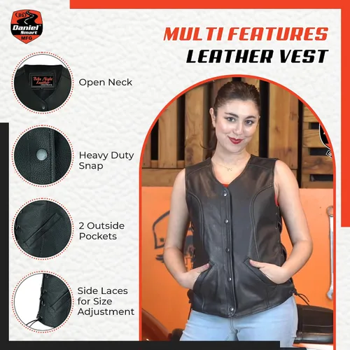 Miniatura 6 de Daniel Smart Motorcycle Vest for Women Open Neck Leather Vest with Unique Design and Inside Carry Pockets