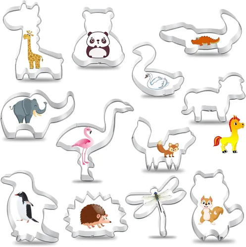 Juego de 12 cortadores de galletas de animales para niños, juego de 12 piezas de cortadores de galletas de acero inoxidable con formas de zorro,