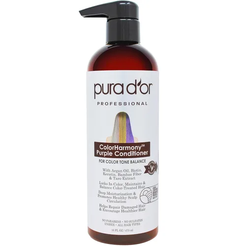 PURA D'OR ColorHarmony - Acondicionador morado de 16 onzas para cabello decolorado, rubio, plateado y tratado con color, queratina, fibra de bambú,
