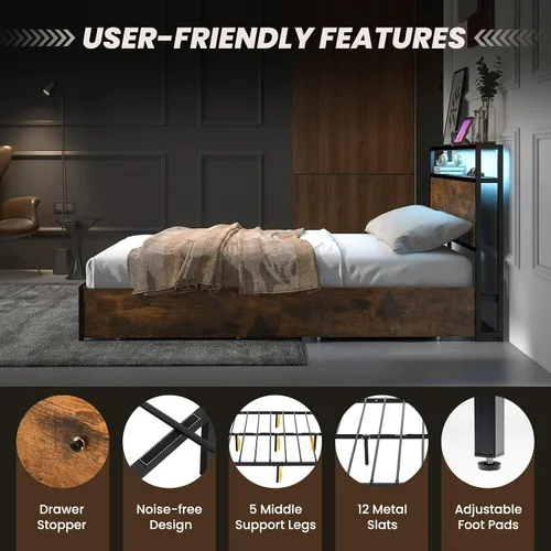 Miniatura 7 de Giantex Base de cama matrimonial con cabecero de luces LED y 4 cajones de almacenamiento, plataforma de metal con tomas de corriente y puertos USB
