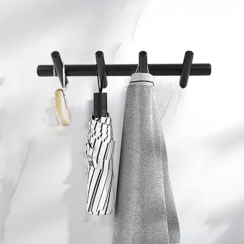 Miniatura 3 de KYSMOTIC Perchero de Pared Moderno de Madera - Montado en la Pared - Negro con 4 Ganchos de Madera - Para Colgar Ropa, Batas, Toallas, Sombreros