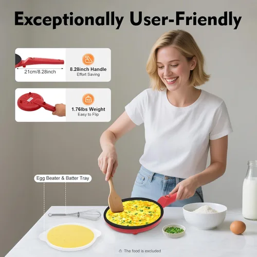 Miniatura 3 de Máquina eléctrica de crepas de 8 pulgadas de 550 W con superficie antiadherente, máquina de panqueques portátil para cocina casera, incluye bandeja