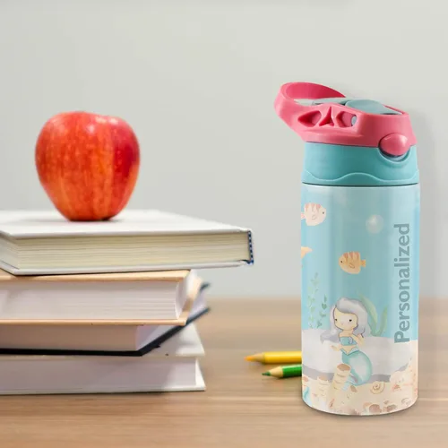 Miniatura 7 de All-Star Sports – Diseño rosa – Botella de agua pequeña de 12 onzas con popote de silicona desplegable – Personalizar con nombre – Aislamiento