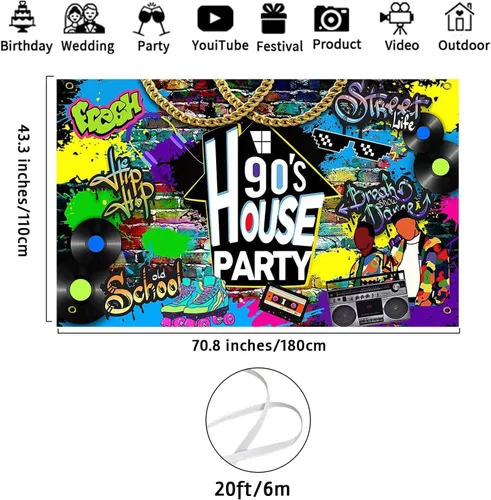 Miniatura 3 de Avezano Telón de Fondo para Fiesta de los 90 en Casa con Graffiti de Hip Hop, Decoraciones Temáticas de los 90 para Fiesta en Casa, Radio Retro