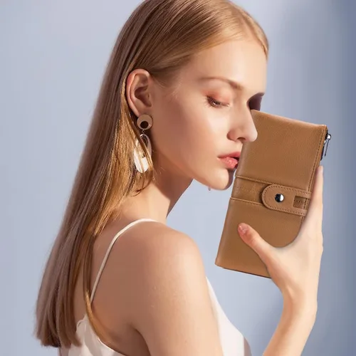 Miniatura 6 de Cartera para mujer, de gran capacidad, de piel auténtica, plegable, con bloqueo RFID, tarjetero con bolsillo con cremallera