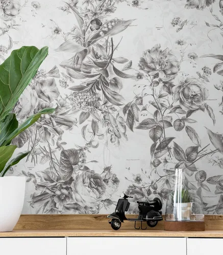 Mural de pared con diseño de flores vintage. Papel tapiz para despegar y pegar en blanco y negro. Decoración de pared para dormitorio, baño, cuarto