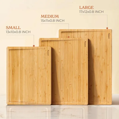 Miniatura 5 de SMIRLY Tablas de cortar de bambú y madera para cocina, juego de 3 grandes - pequeñas, juego de tablas de cortar de bambú y madera con ranuras Bambú