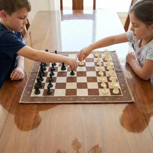 Miniatura 2 de Juego de ajedrez portátil marrón y blanco, alfombra de ajedrez de tela plegable de 19.7 x 19.7 pulgadas con piezas estilo Staunton de 3 pulgadas