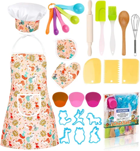 KAEGREEL Juego de chef para hornear para niños con delantal de unicornio y manopla, 26 juguetes de cocina para niños, juego de cocina con sombrero