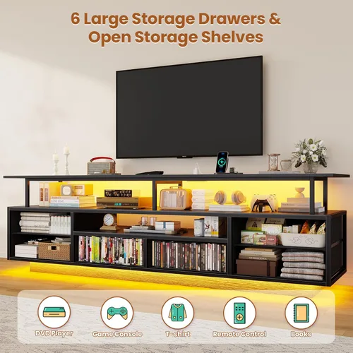 Miniatura 5 de BTHFST Soporte de TV para TV de 65 y 70 pulgadas con luces LED y tomas de corriente, centro de entretenimiento con estantes abiertos y 6 cajones