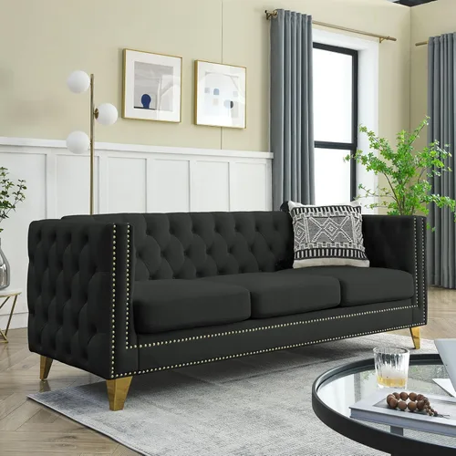 Modern 3 Seater Couch Black Velvet Sofa Upholstered Button Tufted Nailhead Trim, Square Arm Loveseat Sofa, Sturdy Golden Metal Legs, 80.5'' Couch