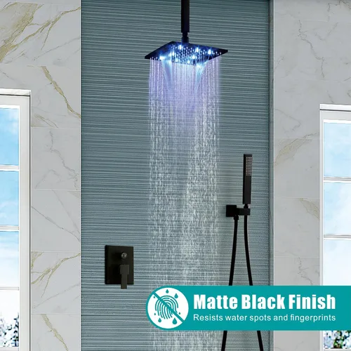 Miniatura 8 de SKOWLL Sistema de ducha de montaje en techo, cabezal de ducha LED de 10 pulgadas con mano, sistema de ducha de baño de lluvia de alta presión, juego