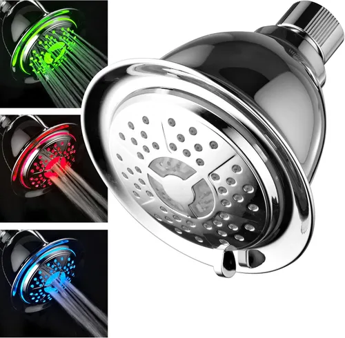 Miniatura 2 de PowerSpa - Cabezal de ducha LED cromado de 4 ajustes con tecnología de boquilla de presión turbo de chorro de aire; 7 colores de luces LED cambian