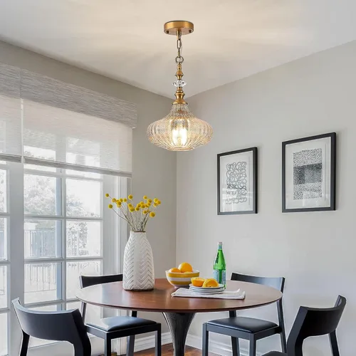 Miniatura 6 de Lámpara colgante de 3 luces, candelabro vintage dorado de granja para cocina, lámpara de techo colgante ajustable de vidrio ámbar para pasillo