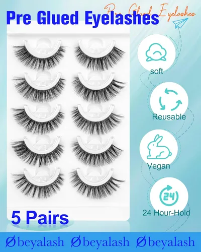 Miniatura 2 de Obeyalash Pestañas autoadhesivas de ojo de gato, banda negra y adhesivo negro, pestañas postizas a presión, 5 pares de pestañas postizas de aspecto