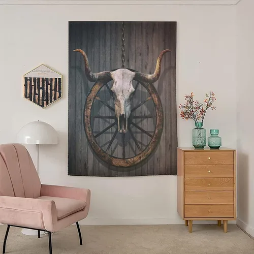 Miniatura 3 de XISUNYA Cortinas opacas portátiles autoadhesivas, con ruedas de madera de granero, para puerta corta, diseño de calavera de toro con cuernos largos