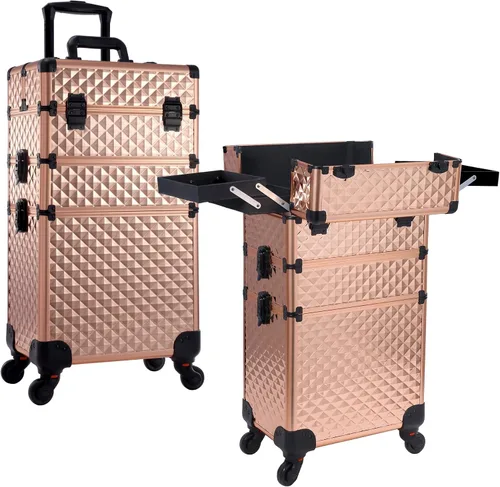 FRENESSA - Estuche de maquillaje rodante 3 en 1, carrito cosmético profesional con gran almacenamiento para esteticistas, estilista de cabello, Oro