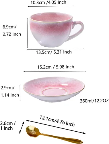 Miniatura 6 de Juego de taza de café y platillo de cerámica azul con cuchara dorada, juego de tazas de té artesanales de esmalte azul profundo de 10 onzas, taza
