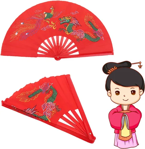Miniatura 4 de Tbest Ventilador chino rojo, ventilador plegable de mano rojo, ventilador de lucha de artes marciales, danza, dragón de bambú + ventilador de mano