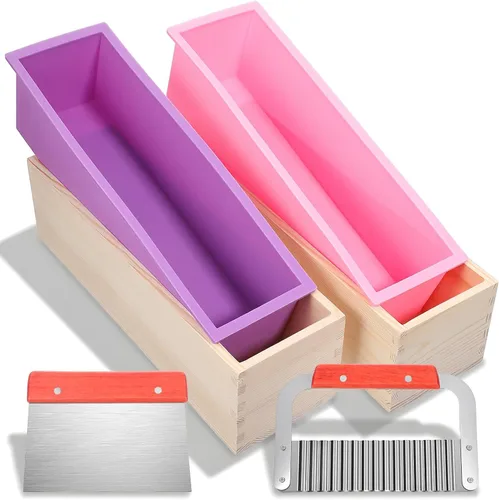 Miniatura 7 de Kit de 2 moldes rectangulares de jabón para pan con caja de madera, molde de silicona flexible de 42 onzas, cortador de acero inoxidable ondulado