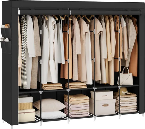 Miniatura 8 de SONGMICS Armario portátil, Organizador de armario con cubierta, 2 barras para colgar y estantes, 4 bolsillos laterales, 33.9 x 17.7 x 65.7 pulgadas