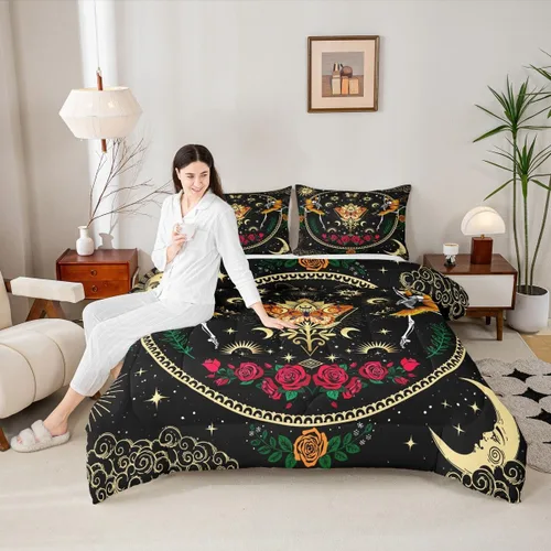 Miniatura 17 de Juego de edredón de champiñones para niños, tamaño individual, juego de ropa de cama romántica con sol, luna, cielo estrellado y galaxia, decoración