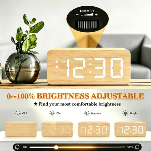Miniatura 5 de URAYCO Reloj despertador digital de madera con cargador inalámbrico rápido de 10W, puertos de carga USB, DST, atenuable, modo repetición, pantalla