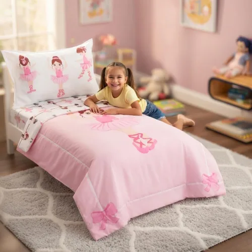 Miniatura 2 de EVERYDAY KIDS Juego de ropa de cama de 4 piezas para niños pequeños -Born to Dance Ballerina- Incluye edredón, sábana plana, sábana ajustable