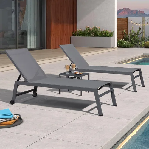 Miniatura 35 de PURPLE LEAF Juego de tumbonas para exteriores para 2 sillas de piscina de gran tamaño con ruedas fáciles de mover y respaldo ajustable, tumbonas