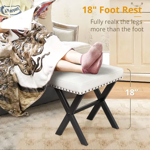 Miniatura 4 de LUE BONA Taburete de tocador blanco, asiento cuadrado de piel sintética con patas en X de metal, pequeña silla otomana para sala de maquillaje, sala