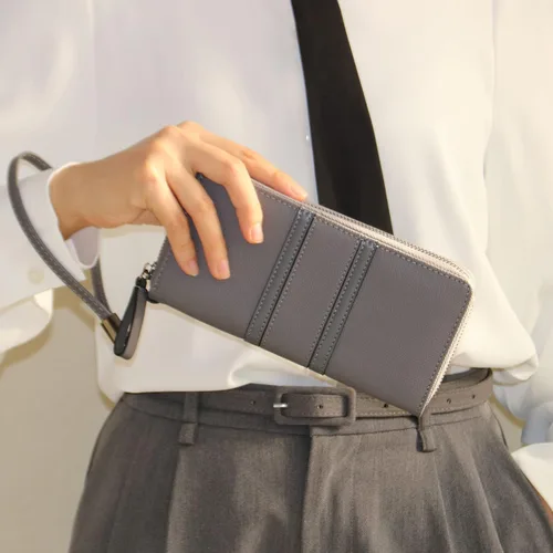 Miniatura 4 de Carteras con cremallera para mujer, de gran capacidad, cartera larga para chequera, cartera de mano con correa para la muñeca, Gris, Classic