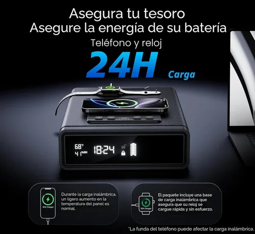 Miniatura 3 de ORARAER Caja fuerte biométrica con carga inalámbrica, 3 métodos de acceso para desbloquear, cajón de mesita de noche, pantalla LED segura