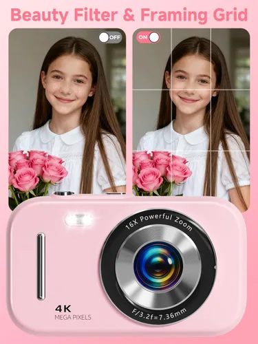 Miniatura 4 de Cámara digital, FHD 4K 48MP Cámara portátil con anti vibración, zoom 16X, cámara digital para adolescentes con belleza, tarjeta de 32 GB, 21