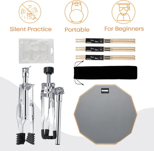 Miniatura 4 de GrowDaily Juego de Soporte para Pad de Práctica de Batería Tambores Snare de 12 Pulgadas con Pad de Tambores Silencioso de Doble Cara, Gel Gris