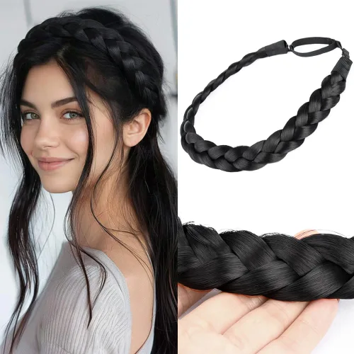 Miniatura 18 de Diadema clásica de cabello sintético trenzado, trenzas gruesas y anchas, extensión de cabello con elástico para mujeres y niñas, accesorio