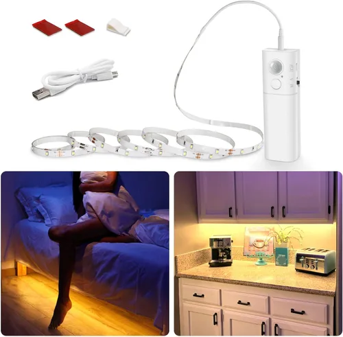 Miniatura 9 de WOBANE Tira de luz LED activada por doble movimiento, tira de luz recargable de 16.4 pies, luz de cinta alimentada por batería para debajo