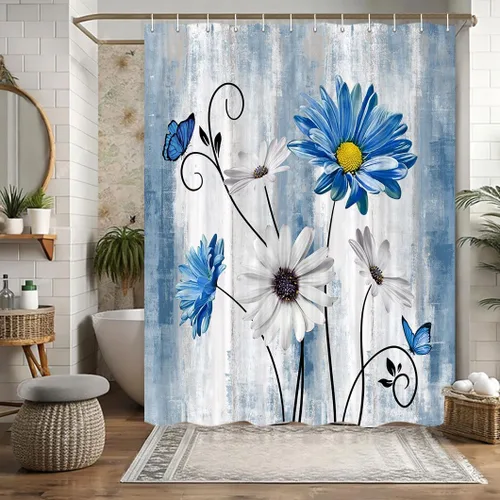 Miniatura 36 de JAWO Cortina de ducha con diseño floral de margaritas azules, cortina de ducha rústica de granja y mariposa en el campo, juego de cortinas de ducha