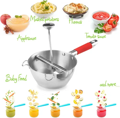 Miniatura 5 de Molino de alimentos de acero inoxidable – 3 discos de molinillo de alimentos – Enricer de patatas para puré de papas – Manivela de mano