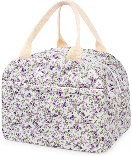 Miniatura 24 de Lonchera acolchada de algodón aislada, bonita bolsa acolchada con estampado floral, reutilizable, aislada, coqueta, de gran capacidad, hielera