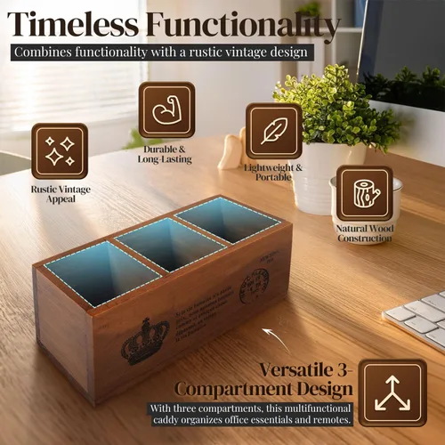 Miniatura 5 de Flexzion Portalápices de madera rústica para oficina, 3 compartimentos, organizador de almacenamiento de escritorio y mesa, soporte multifuncional