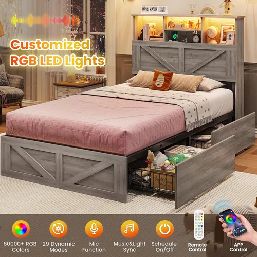 Miniatura 5 de VIAGDO Marco de cama estilo granja tamaño individual con cabecera de almacenamiento tipo estantería, estación de carga y luces LED, marco de cama