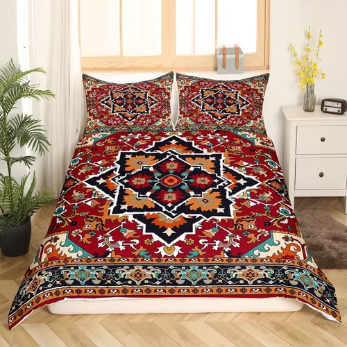Miniatura 9 de Juego de funda de edredón persa individual, juego de ropa de cama exótica bohemio, azul, amarillo, degradado, rojo, floral, bohemio, tribal, encaje