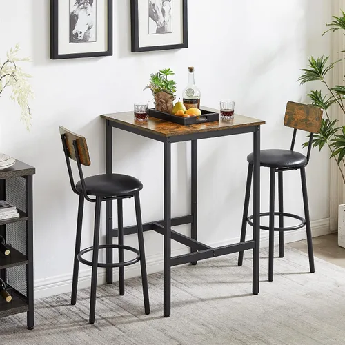 Miniatura 8 de Juego de 3 mesas de bar y sillas industriales para 2 mesas de comedor cuadradas rústicas marrones con sillas de asiento de poliuretano