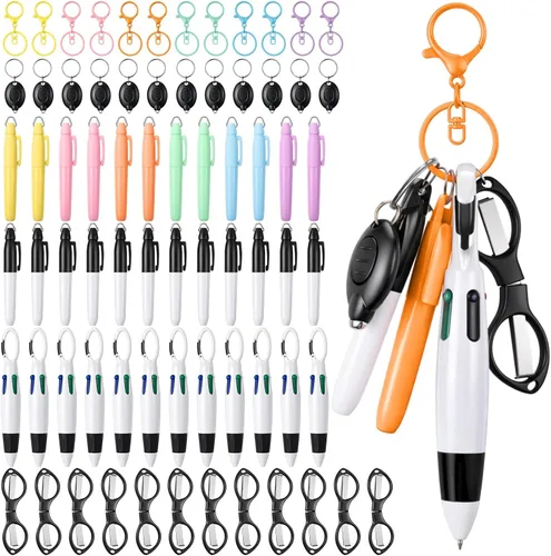 Glenmal Juego de 72 mini rotuladores para enfermeras con mini tijeras, resaltador, bolígrafo de neón retráctil, llavero, clip, linterna, llavero