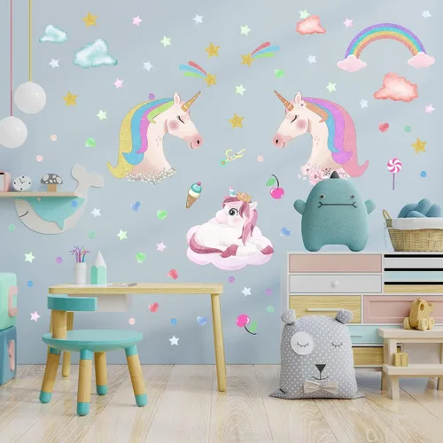 Miniatura 2 de Adhesivos de unicornio que brillan en la oscuridad, calcomanías de puntos y estrellas removibles para techo, adhesivo de arcoíris luminoso para Arco