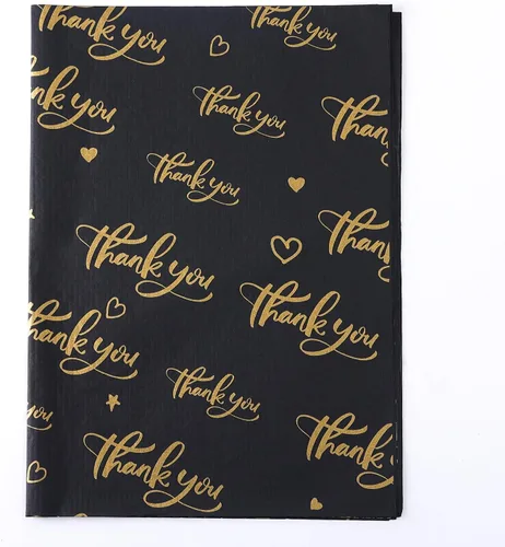 100 hojas de papel de seda de regalo de agradecimiento de 14 x 20 pulgadas, color negro reciclable con bolsa de embalaje dorada metálica para bodas,