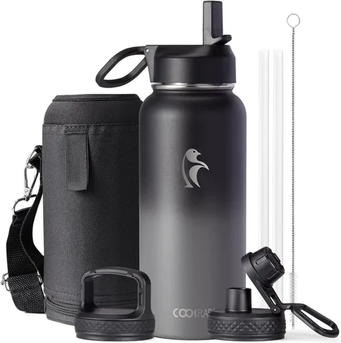 Miniatura 111 de Coolflask Botella de agua de 20 onzas aislada con pajilla, 3 tapas de metal de acero inoxidable, botella de agua de boca ancha para deportes u