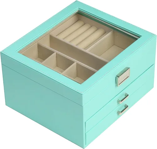 BOOVO Clear Lid Jewelry Box For Girl,3 Layers Jewelry Organizer boxes For Women Turquoise Earring Jewelry Box For Girl Necklace Ring Bracelet