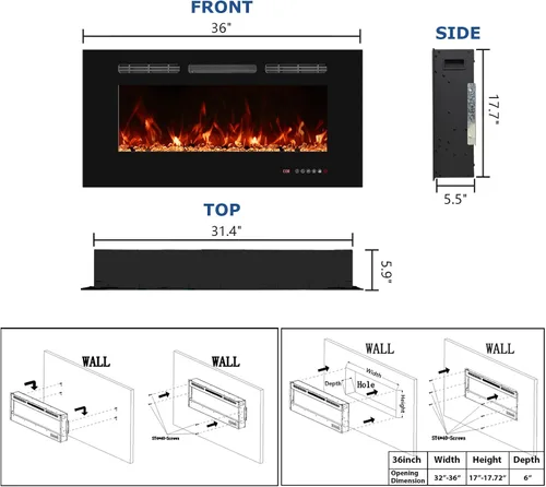 Miniatura 3 de Chimenea eléctrica de 36 pulgadas, inserto de chimenea eléctrica empotrable montado en la pared, calentador de chimenea con temporizador, control